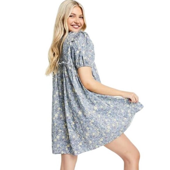 ASOS QED London Cotton Poplin Puff Sleeve Prarie Dress Blue Floral Women 8 NWT - Picture 3 of 14
